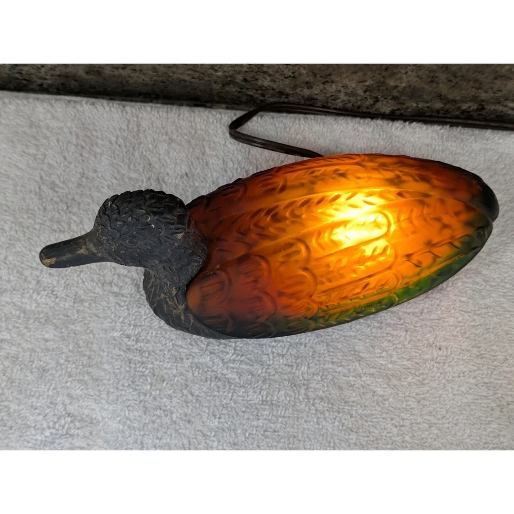 Vintage Mallard Duck Night Lamp Amber Glass Tiffany Style Metal Works